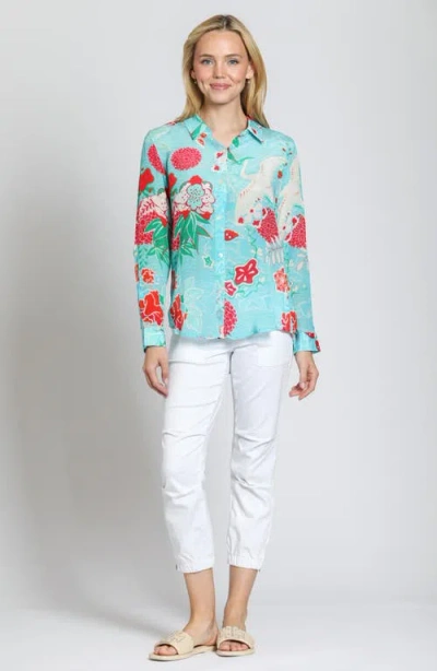 Apny Multi Button-up Shirt With Roll-up Sleeve In Turquoise In Turquoise Multi