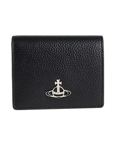Vivienne Westwood Black Bi-fold Card Holder With Orb Detail On The Front In Grained Ecoleather Woman In Black