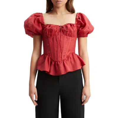 Bardot Esra Puff Sleeve Ramie Corset Top In Fire Red