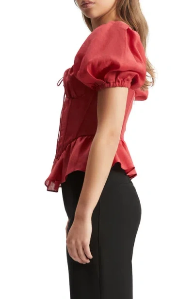 Bardot Esra Puff Sleeve Ramie Corset Top In Fire Red