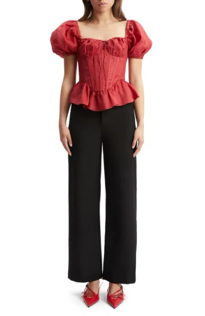 Bardot Esra Puff Sleeve Ramie Corset Top In Fire Red