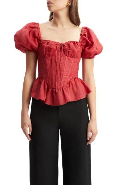 Bardot Esra Puff Sleeve Ramie Corset Top In Fire Red