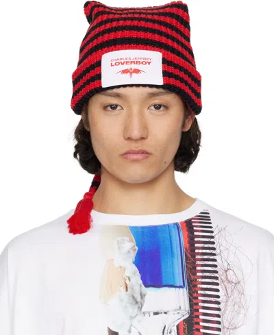 Charles Jeffrey Loverboy Red & Black Sloppy Giuseppe Beanie In Red + Black Stripe
