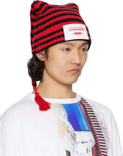 Charles Jeffrey Loverboy Red & Black Sloppy Giuseppe Beanie In Red + Black Stripe