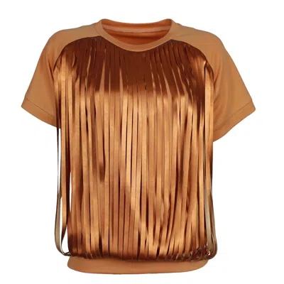 Lalipop Design Women's Neutrals / Gold Salmon Color Blouse With Laser-cut Vegan Leather Fringes In Gold