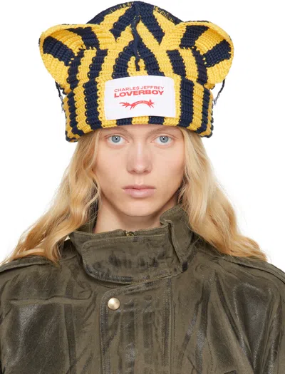 Charles Jeffrey Loverboy Yellow & Navy Chunky Ears Beanie In Yellow + Navy Stripe
