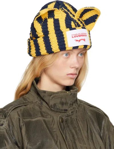 Charles Jeffrey Loverboy Yellow & Navy Chunky Ears Beanie In Yellow + Navy Stripe