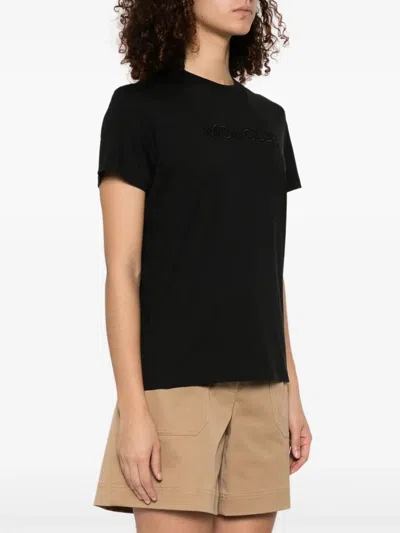 Moncler Embroidered Logo Cotton T-shirt In Black