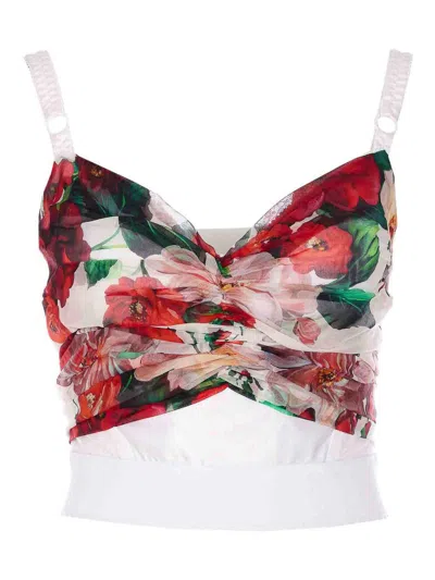 Dolce & Gabbana Bustier Top In Marquisette And Chiffon With Rose Print In White