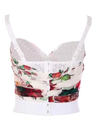 Dolce & Gabbana Bustier Top In Marquisette And Chiffon With Rose Print In White