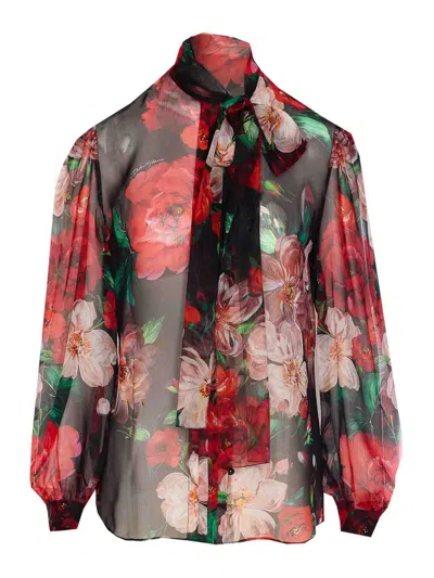 Dolce & Gabbana Shirt With Bow In Chiffon With Floral Print In Multicolour