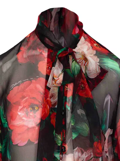Dolce & Gabbana Shirt With Bow In Chiffon With Floral Print In Multicolour