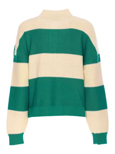 Essentiel Antwerp White And Green Hamam Striped Polo In Green