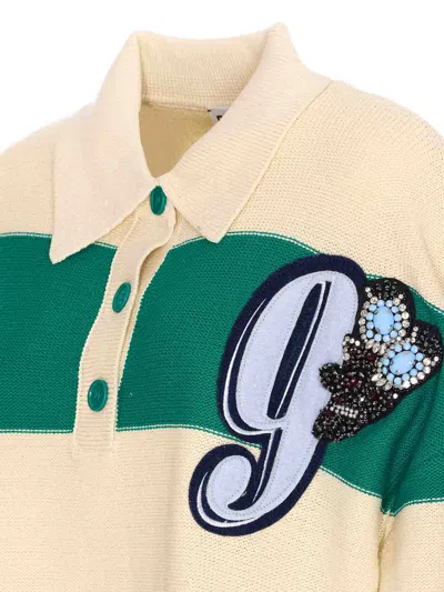 Essentiel Antwerp White And Green Hamam Striped Polo In Green