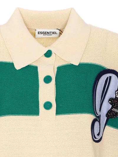 Essentiel Antwerp White And Green Hamam Striped Polo In Green