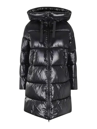 Save The Duck Long Quilted Down Jacket With High Collar And Plumtech Insulation In Black