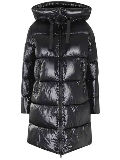Save The Duck Long Quilted Down Jacket With High Collar And Plumtech Insulation In Black