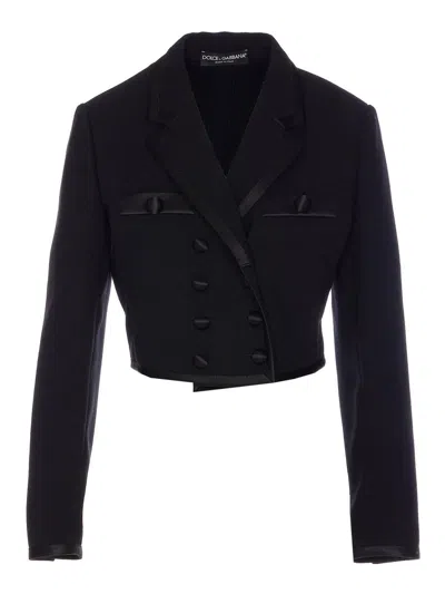 Dolce & Gabbana Cropped Double-breasted Black Jacket In Black