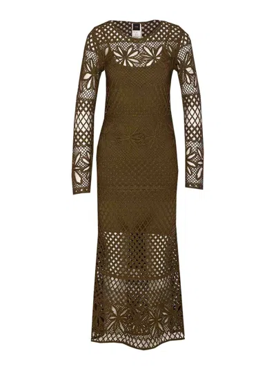 Pinko Crewneck Crochet Floral Knitted Long Sheer In Green