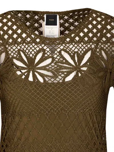 Pinko Crewneck Crochet Floral Knitted Long Sheer In Green
