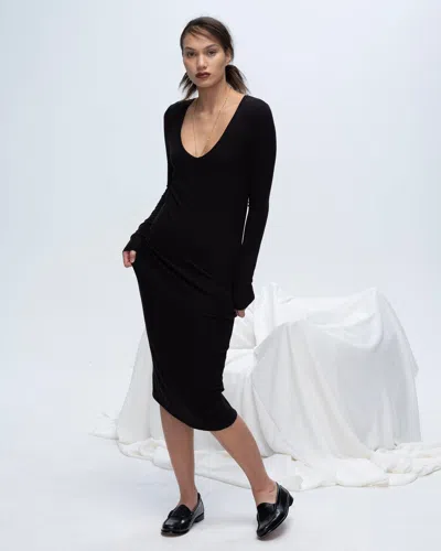 Atm Anthony Thomas Melillo Modal Rib Long Sleeve Deep V-neck Midi Dress In Black