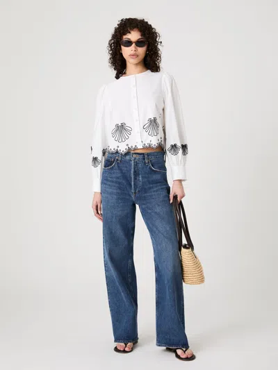 French Connection Cambria Embroidered Long Sleeve Top  Tops In White