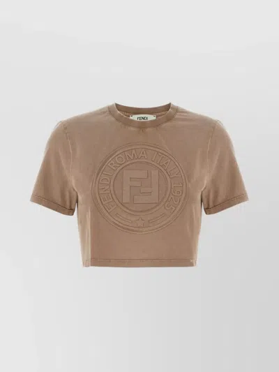 Fendi Beige Washed-out Cropped T-shirt With Logo In Neutral