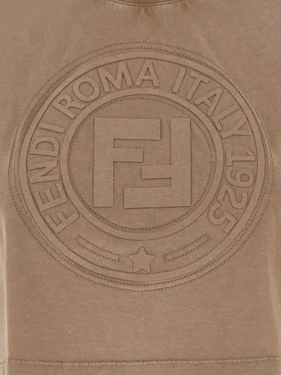 Fendi Beige Washed-out Cropped T-shirt With Logo In Neutral