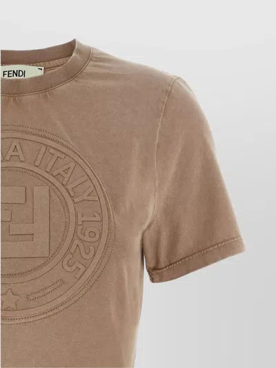 Fendi Beige Washed-out Cropped T-shirt With Logo In Neutral