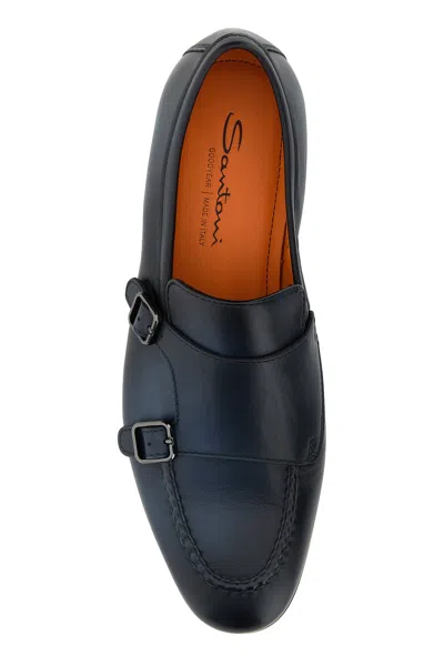Santoni Black Round Toe Monk Shoes