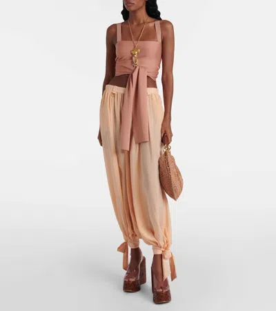 Chloé Cropped Front-tie Tank Top In Shiny Viscose Knit In Misty Coral