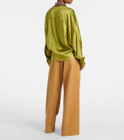 Dries Van Noten Loose Olive Green Blouse In Silk In Multi