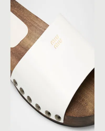 Miu Miu Wood Sole Flat Sandals With Studded Side In White
