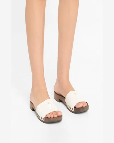 Miu Miu Wood Sole Flat Sandals With Studded Side In White