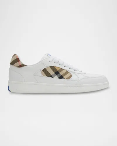 Burberry Low-top Leather Sneakers With Check Inserts In White