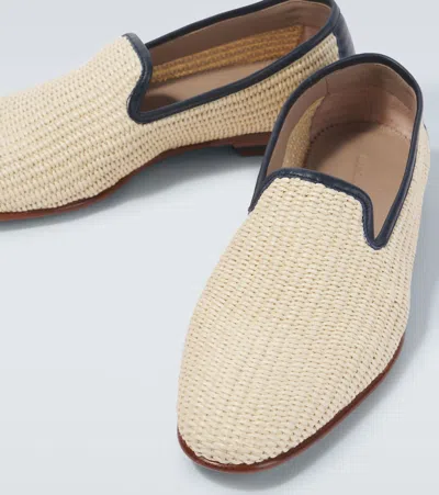 Manolo Blahnik Mario Leather-trimmed Raffia-effect Loafers In Neutral