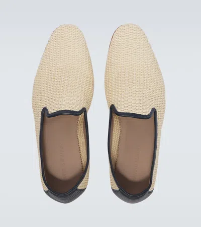 Manolo Blahnik Mario Leather-trimmed Raffia-effect Loafers In Neutral