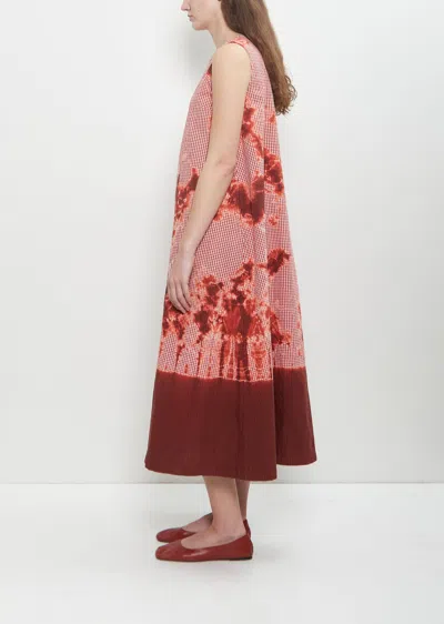 Suzusan Cotton Gingham Check Wide Sleeveless Dress In Bordeaux / Red
