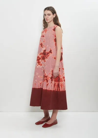 Suzusan Cotton Gingham Check Wide Sleeveless Dress In Bordeaux / Red