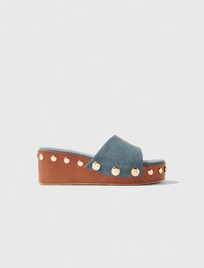 Maje Denim Studded Wedge Mules In Neutral