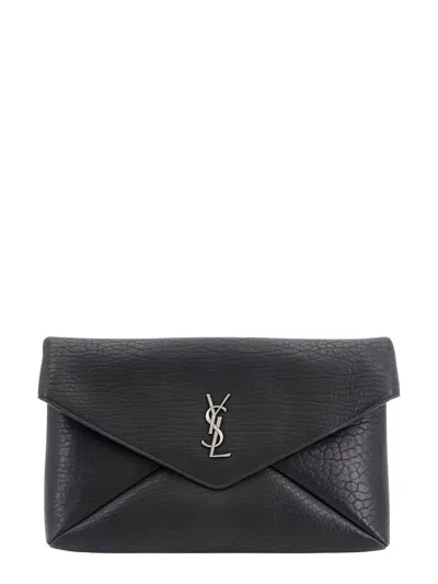 Saint Laurent Cassandre Large Black Envelope Clutch Bag With Logo In Black