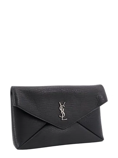 Saint Laurent Cassandre Large Black Envelope Clutch Bag With Logo In Black