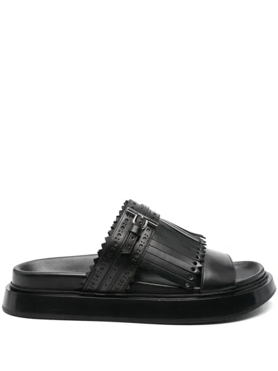Alexander Mcqueen Alexander Mc Queen T Bar Fringed Black Sandals In Black