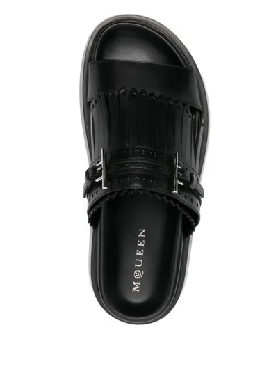 Alexander Mcqueen Alexander Mc Queen T Bar Fringed Black Sandals In Black