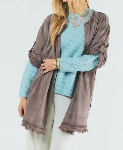 Davi & Dani Suede Fringed Cardigan In Grey In Grey