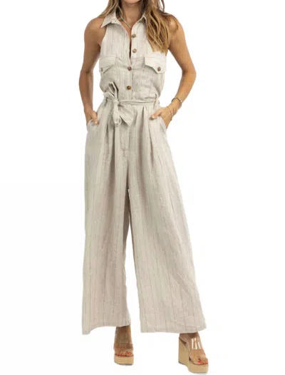 Olivaceous Revive Linen Pinstripe Jumpsuit In Black Contrast Pinstripes In Multi