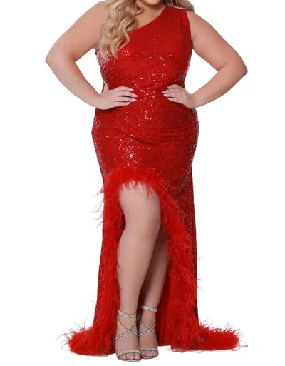 Sydney's Closet Plus Off The Shoulder High Slit Gown In Firecracker In Orange