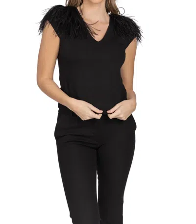 Emily Shalant Feather Shoulder Luxe Jersey Top In Black In Black