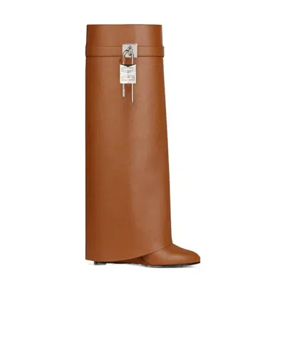Givenchy Leather Shark Lock Knee High Boots 90 In Brown