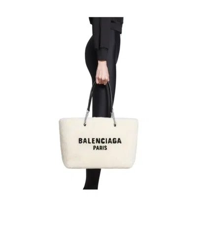 Balenciaga Rectangular Shearling Handbag With Metal Chain Handles In Neutral